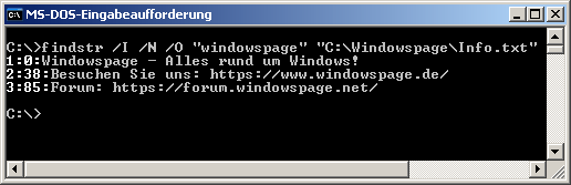 findstr /I /N /O "windowspage" "C:\Windowspage\Info.txt"