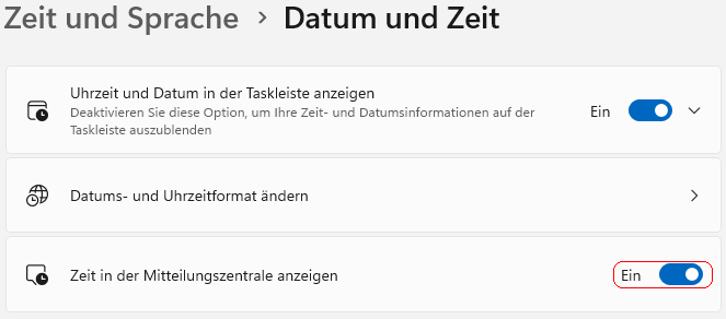 Zeit in der Mitteilungszentrale anzeigen
