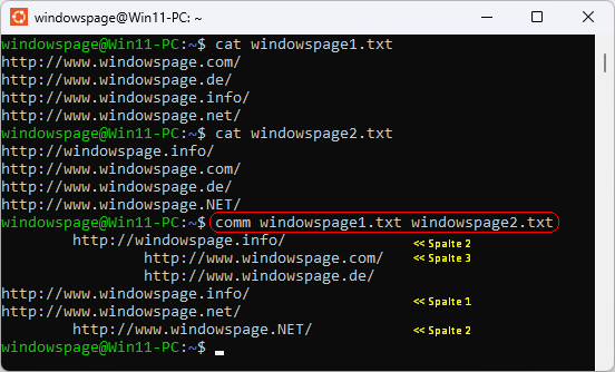 comm windowspage1.txt windowspage2.txt