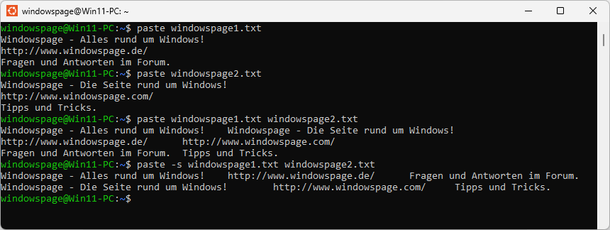 paste windowspage1.txt windowspage2.txt