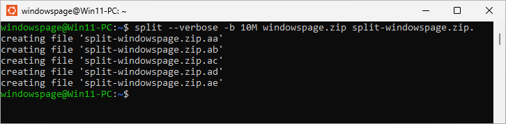 split --verbose -b 10M windowspage.zip split-windowspage.zip.