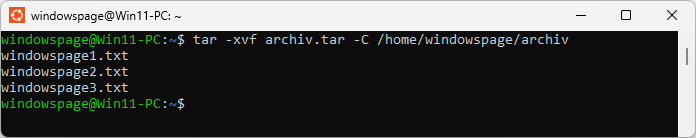 ar -xvf archiv.tar -C /home/windowspage/archiv