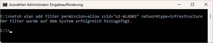 netsh wlan add filter permission=allow ssid="o2-WLAN02" networktype=infrastructure