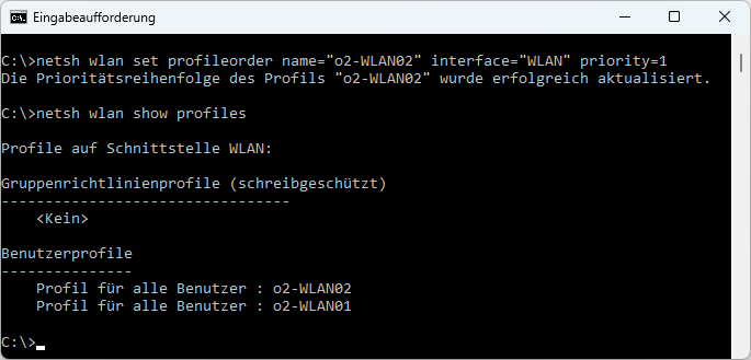 netsh wlan set profileorder name=o2-WLAN2 interface=WLAN priority=1
