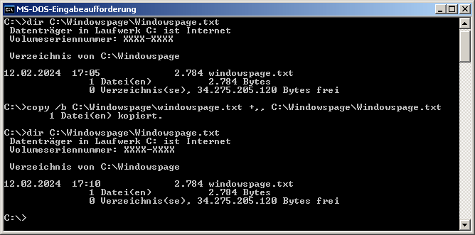 copy /b "C:\Windowspage\Windowspage.txt" + ,, "C:\Windowspage\Windowspage.txt"