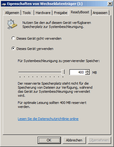 Registerkarte ReadyBoost