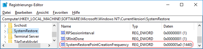 SystemRestorePointCreationFrequency