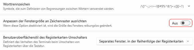 Anpassen der Fenstergröße an Zeichenraster ausrichten