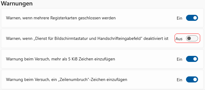 Warnen, wenn "Dienst f&uuml;r Bildschirmtatstatur und Handschrifteingabefeld" deaktiviert ist