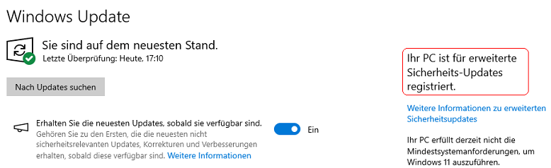 Ihr PC ist f&uuml;r erweiterte Sicherheits-Updates registriert.
